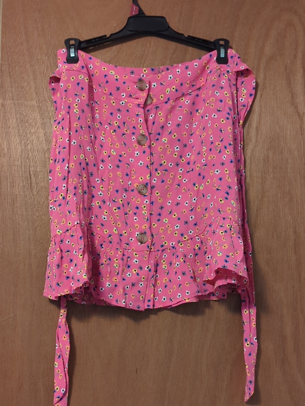 River Island Pink Floral Button-Front Peplum Top with Tie Detail